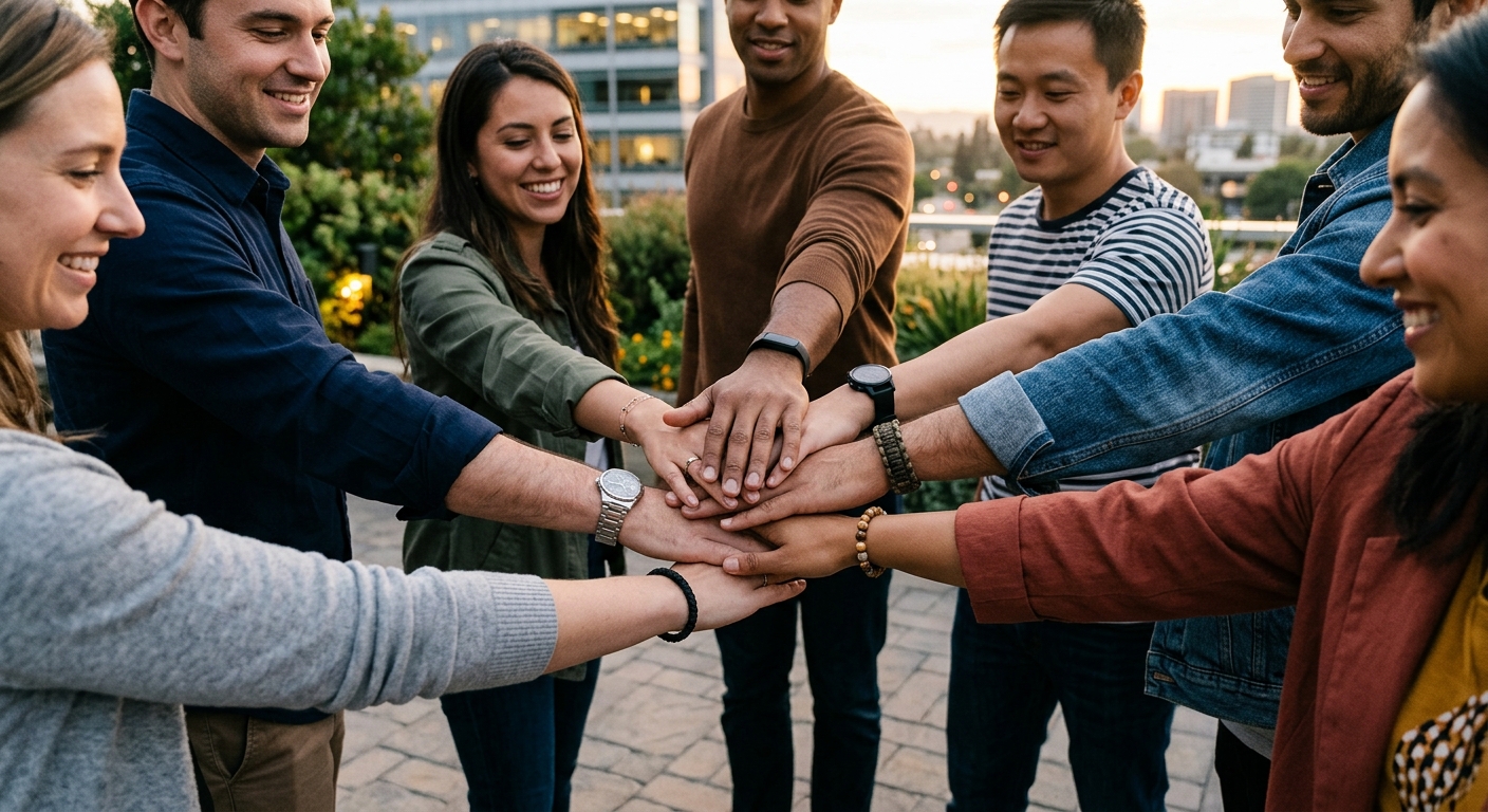 Team members placing their hands together